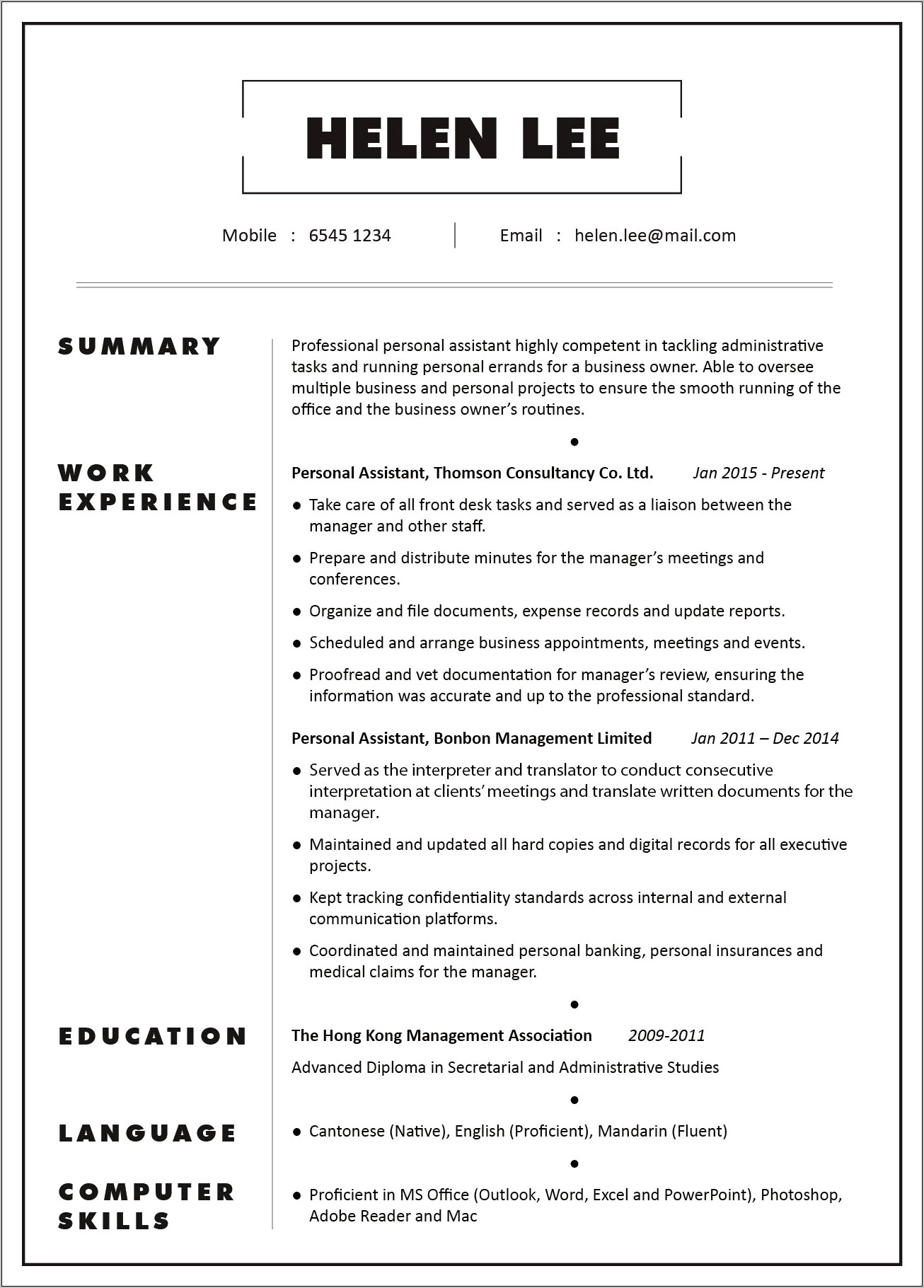Administrative Assistant Profile Summary For Resume