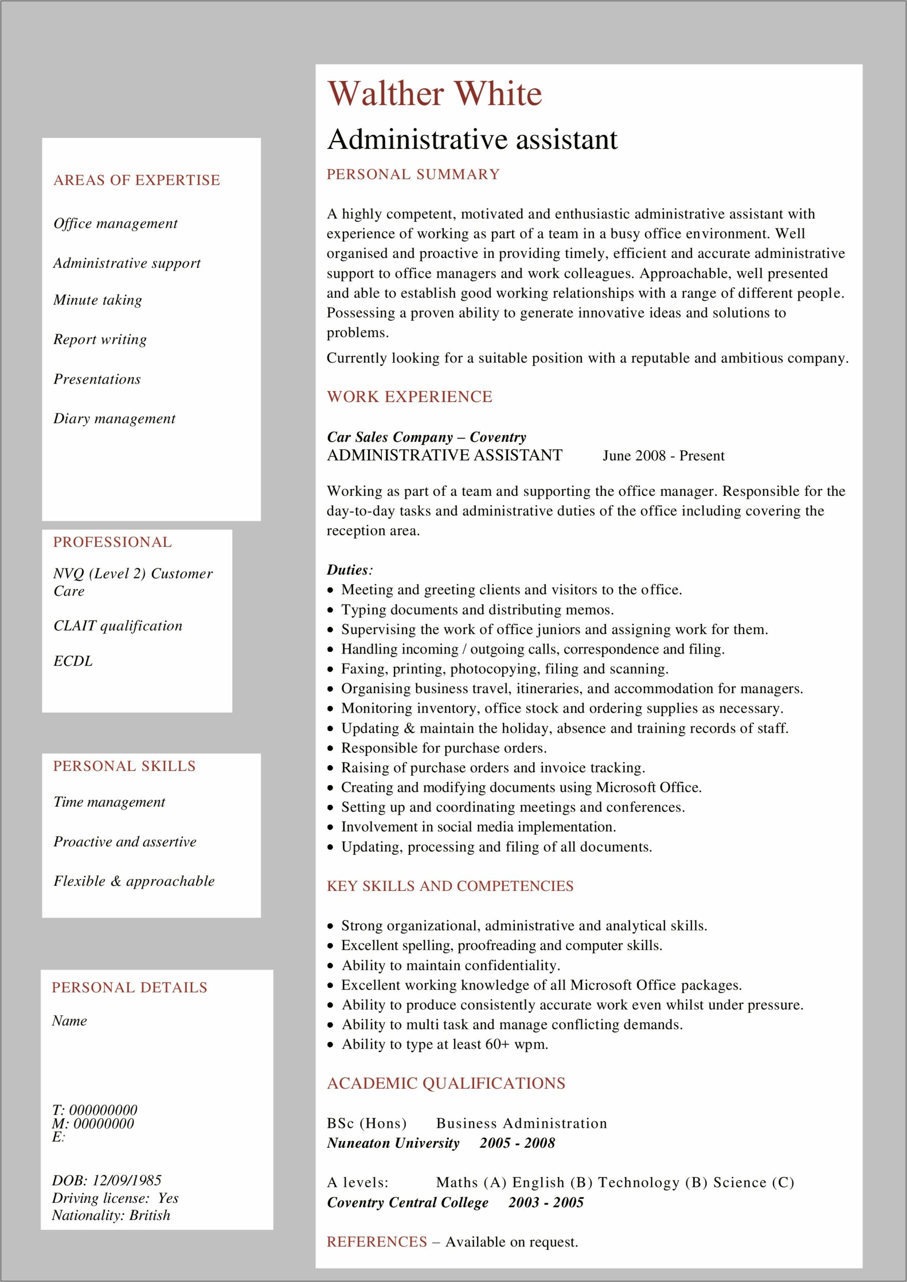 Administrative Assistant Resume Template Word 2003