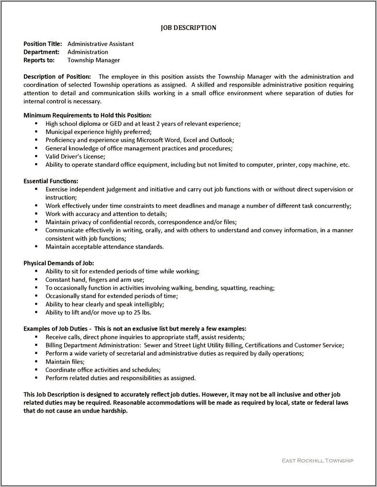 Administrative Assistants Job Description For Resume