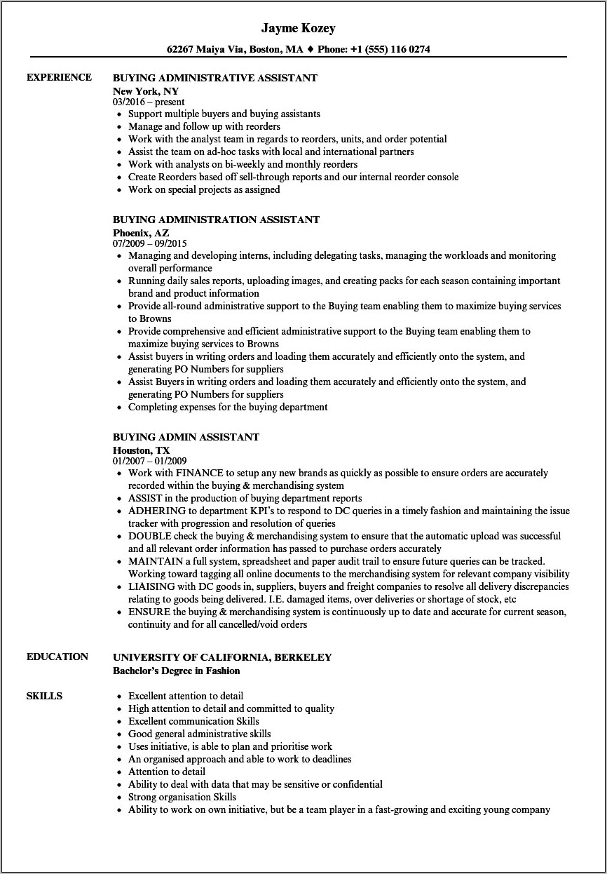 Administrative Skills For Resume Accounts Purchasing