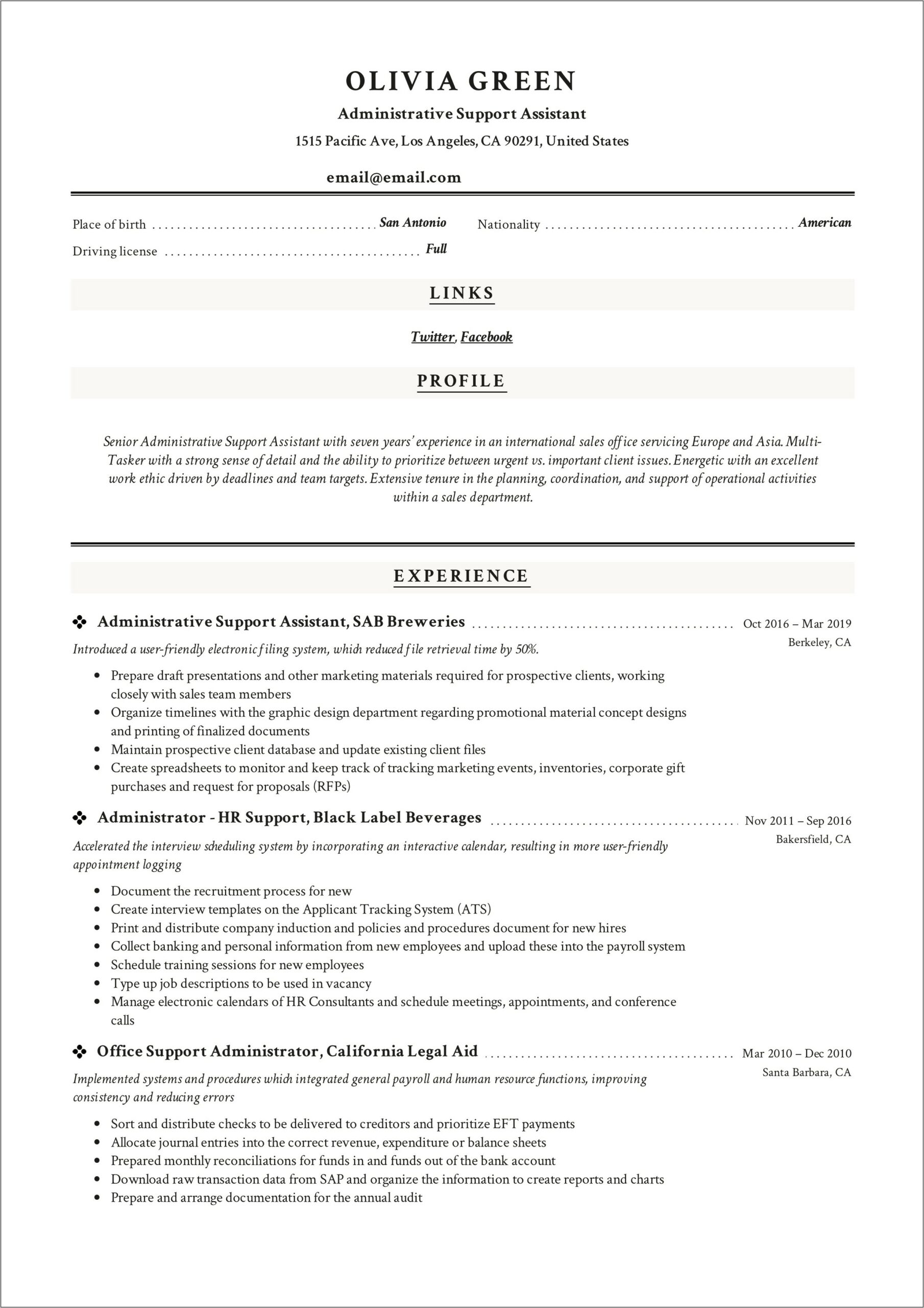 Administrative Support Job Description For Resume