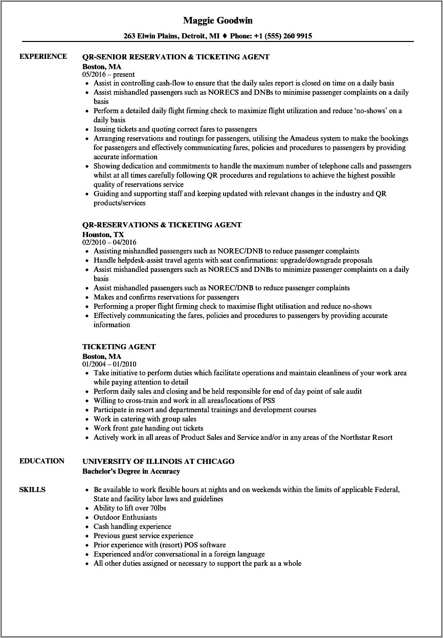 Administrative Ticket Retailer Job Resume Description