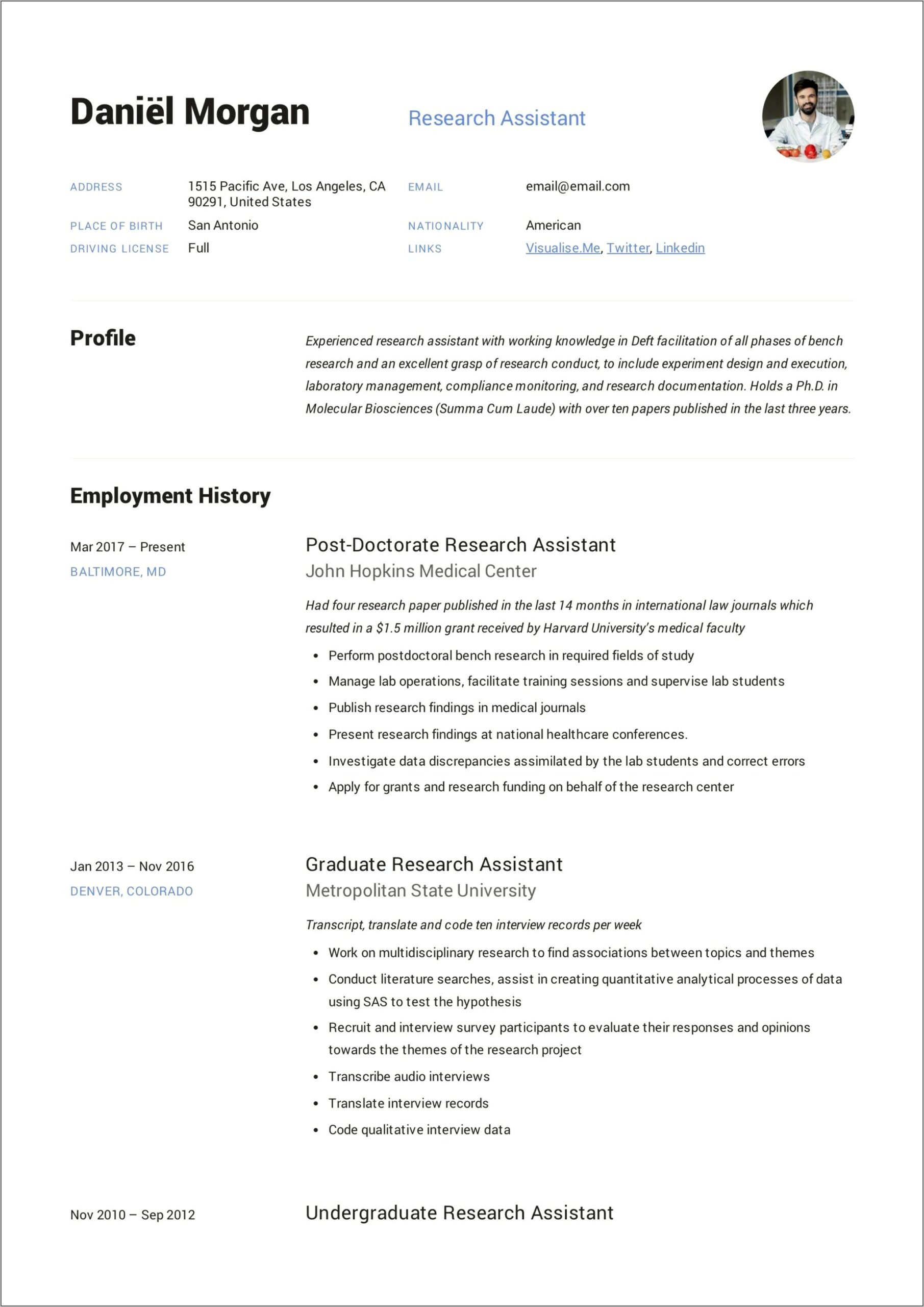 Administrative Works Research Assistant Resume Sample