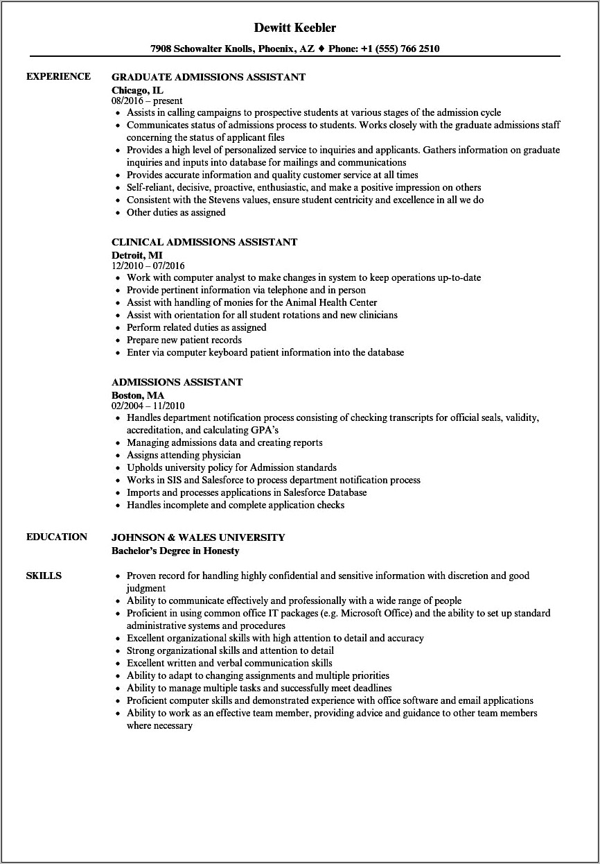 Admissions Advisor Job Description For Resume