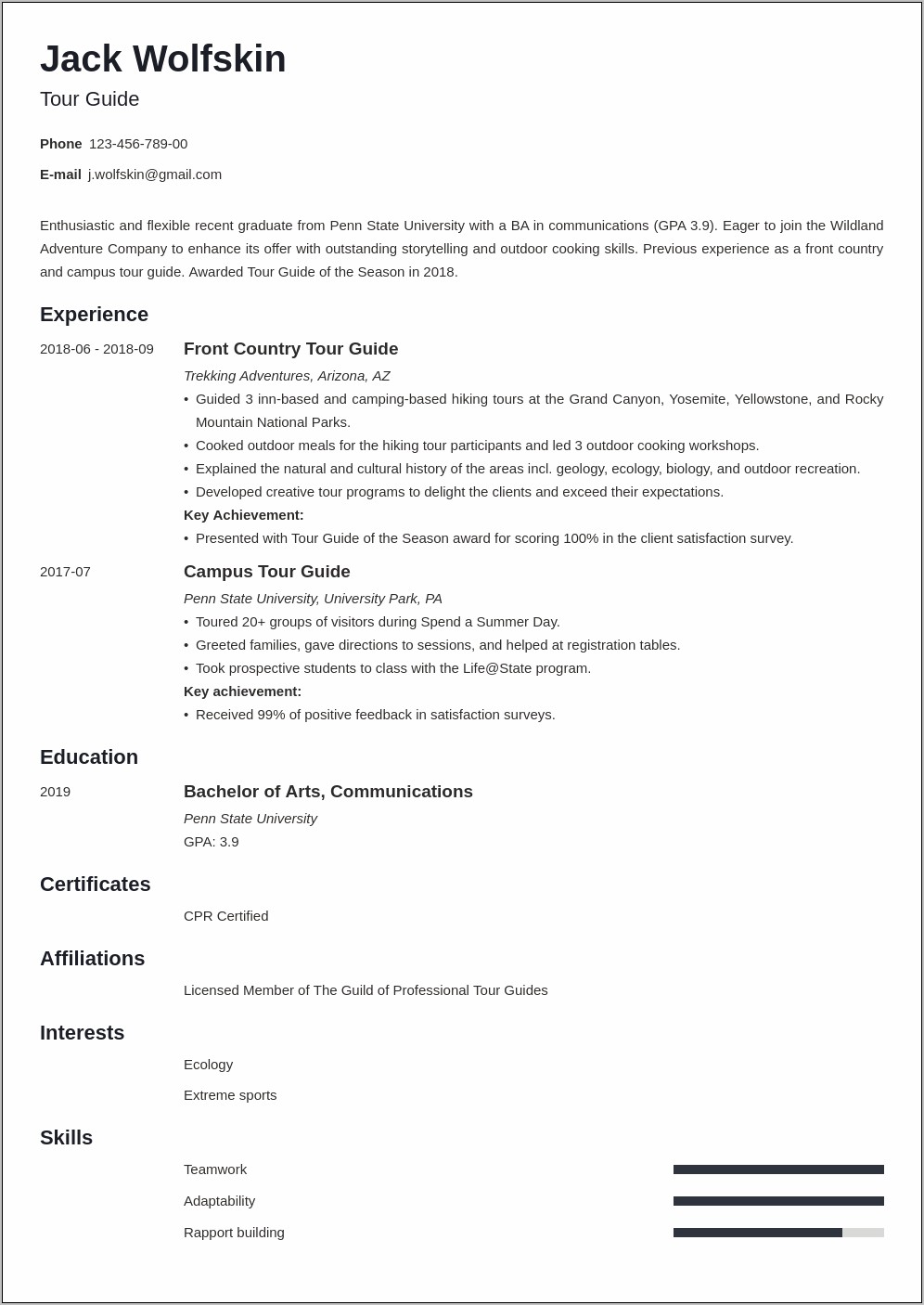 Admissions Tour Guide Job Description For Resume