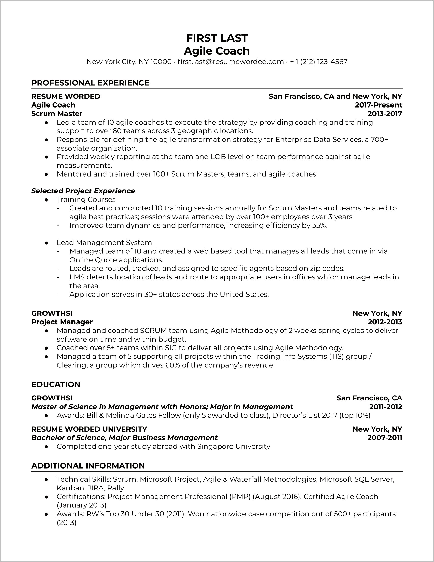 Agile Scrum Master Project Manager Resume