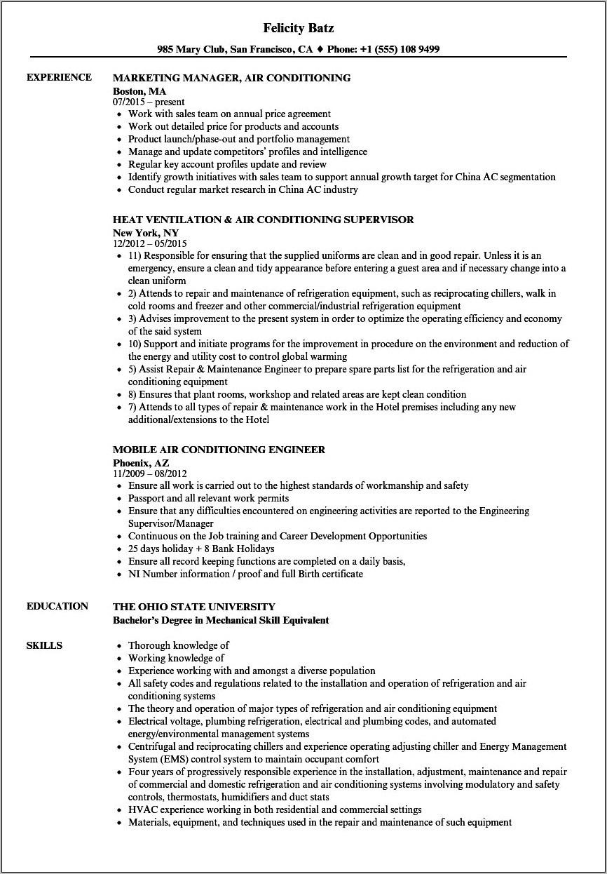 Air Conditioning Technician Assistant Resume Samples