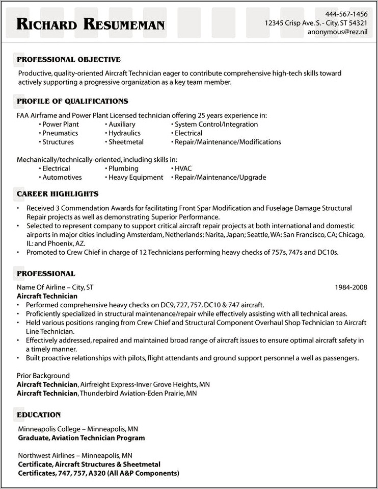 Aircraft Mechanic Job Description Resume