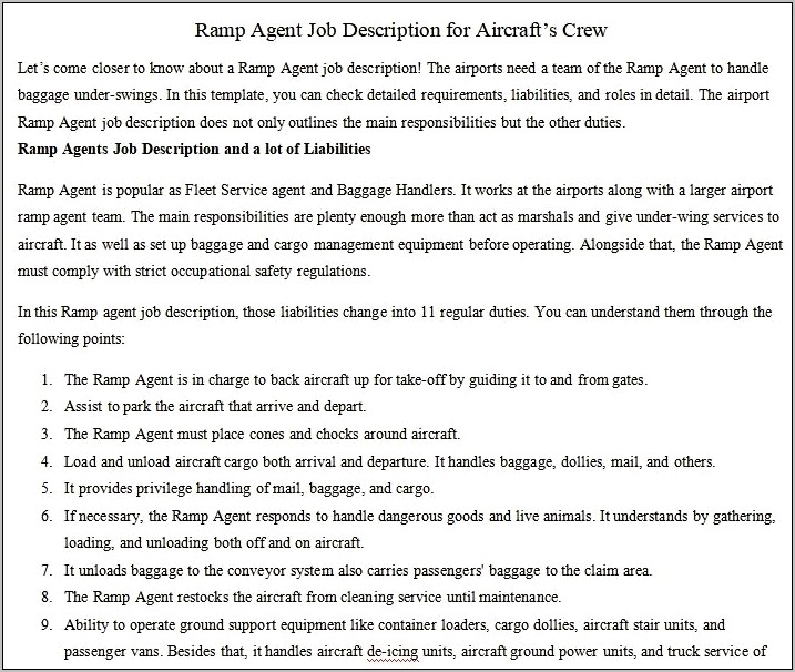 Airline Ramp Agent Resume Job Description