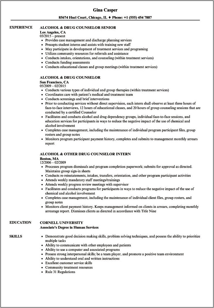Alcohol And Drug Counselor Resume Sample