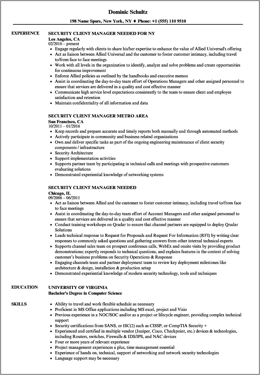 Allied Universal Field Supervisor Job Description Resume