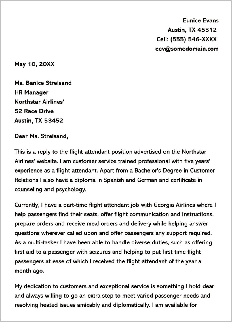 American Airlines Flight Attendant Cover Letter Resume