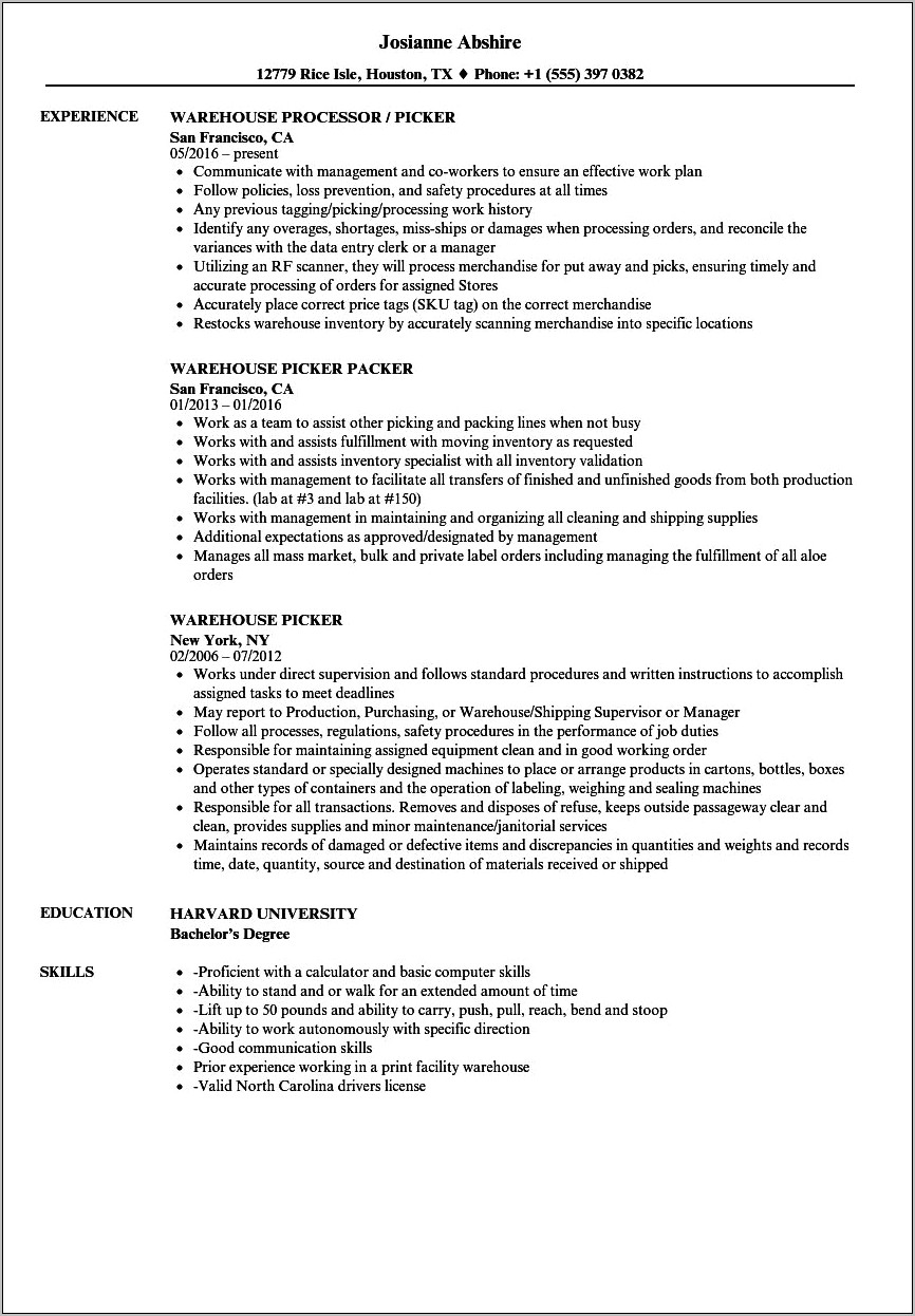 Amerisourcebergen Manual Picker Job Description Resume
