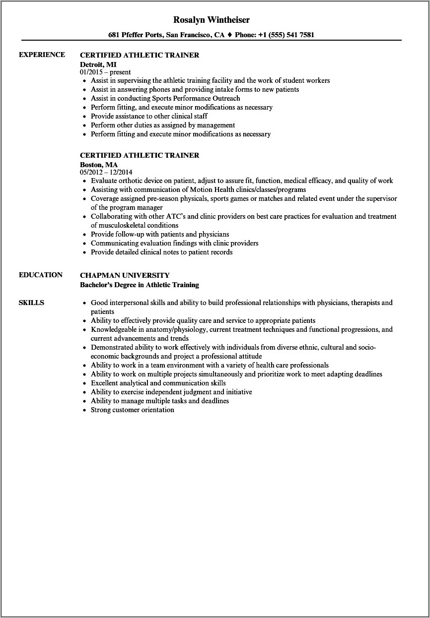 An Athletic Trainers Objective On A Resume