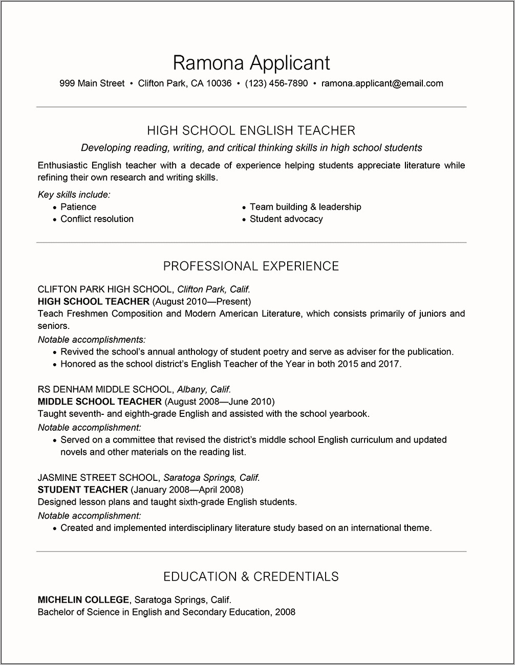 An Example Of A Teaching Resume Format