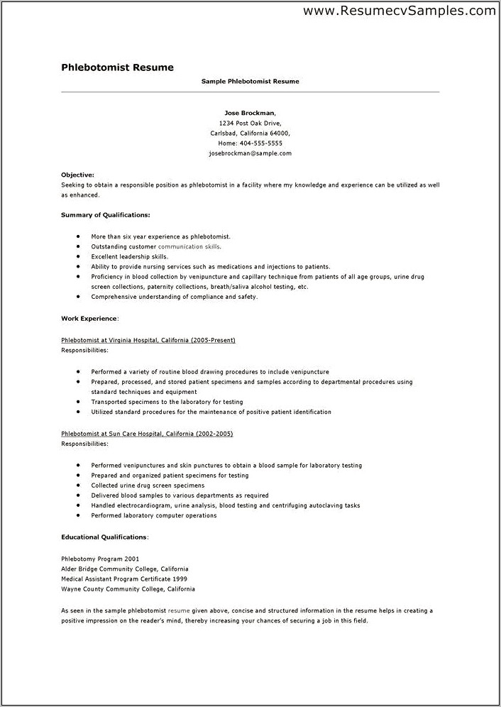 An Objective On A Resume For A Phlebotomist