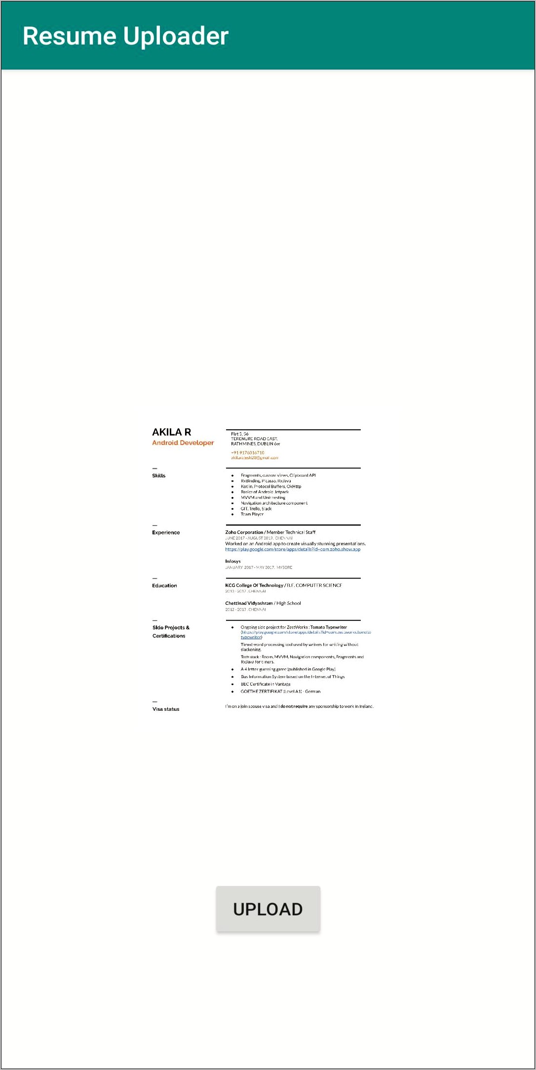 Android School Project Description In Resume