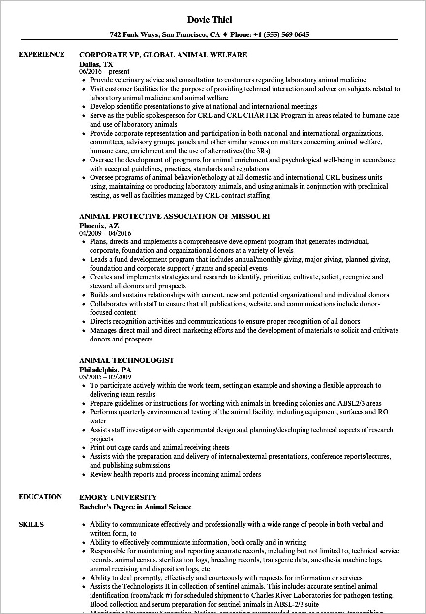 Animal Care Resume Examples With Budget