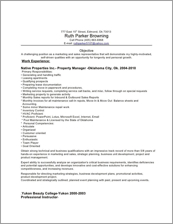 Apartment Community Manager Sample Resume Objective