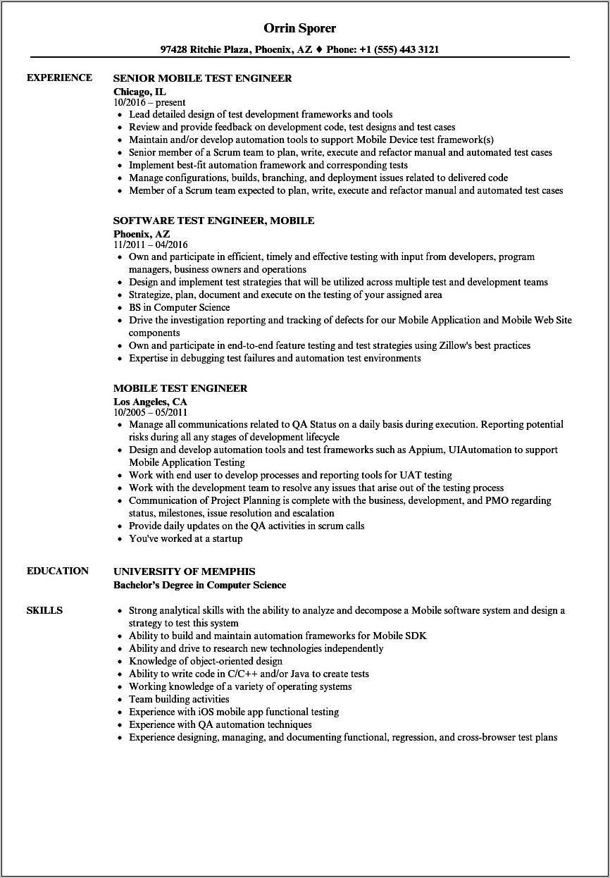 Appium Testing Resume For 2 Year Of Experience