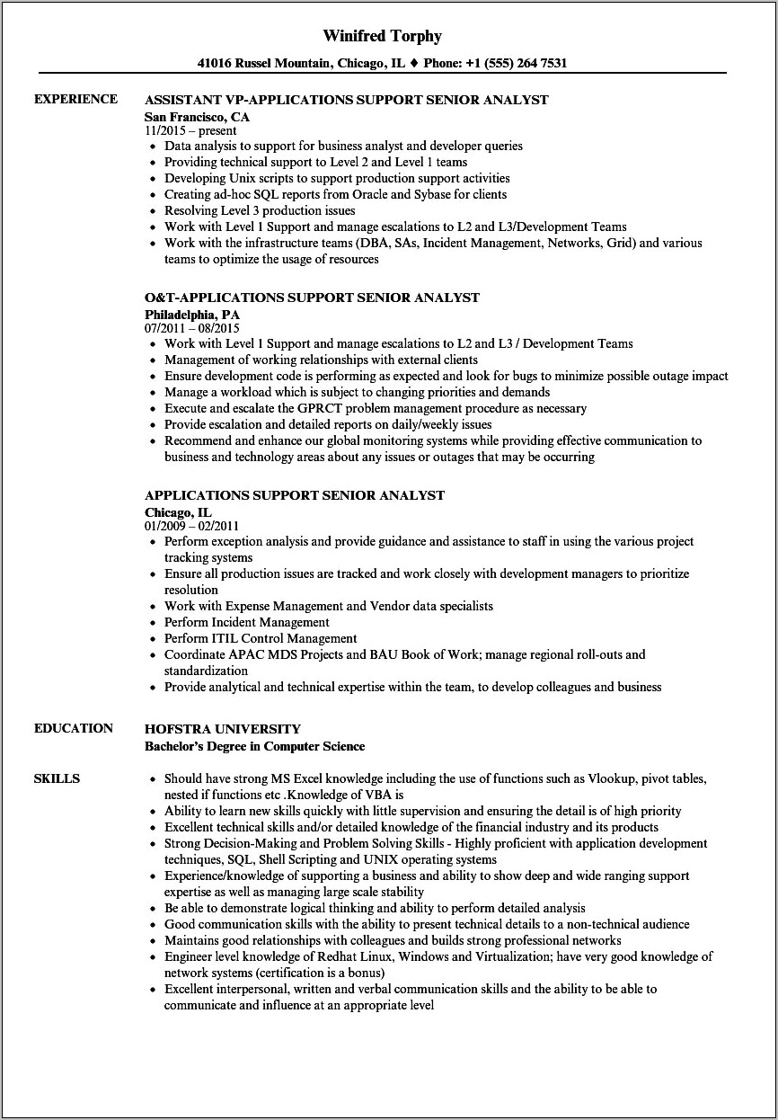 Application Support Technical Analyst Resume Samples