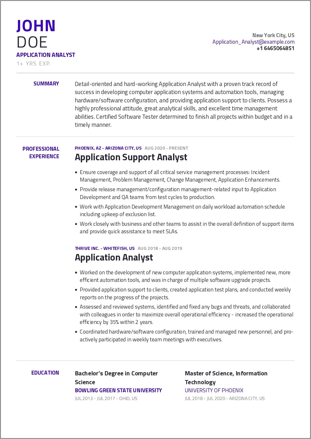 Applications Support Analyst Resume Sample