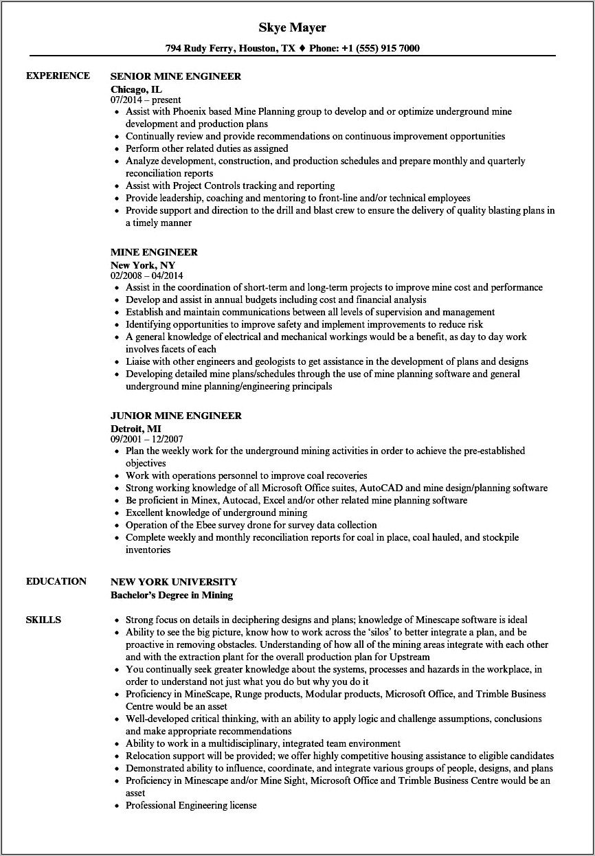 Applying For A Underground Mine Objective Resume