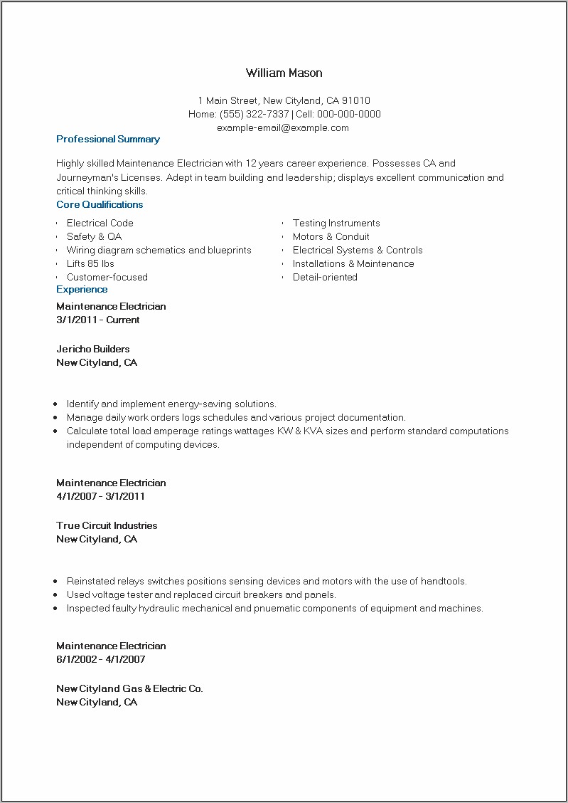 Apprentice Electrician Job Description For Resume - Resume Example Gallery