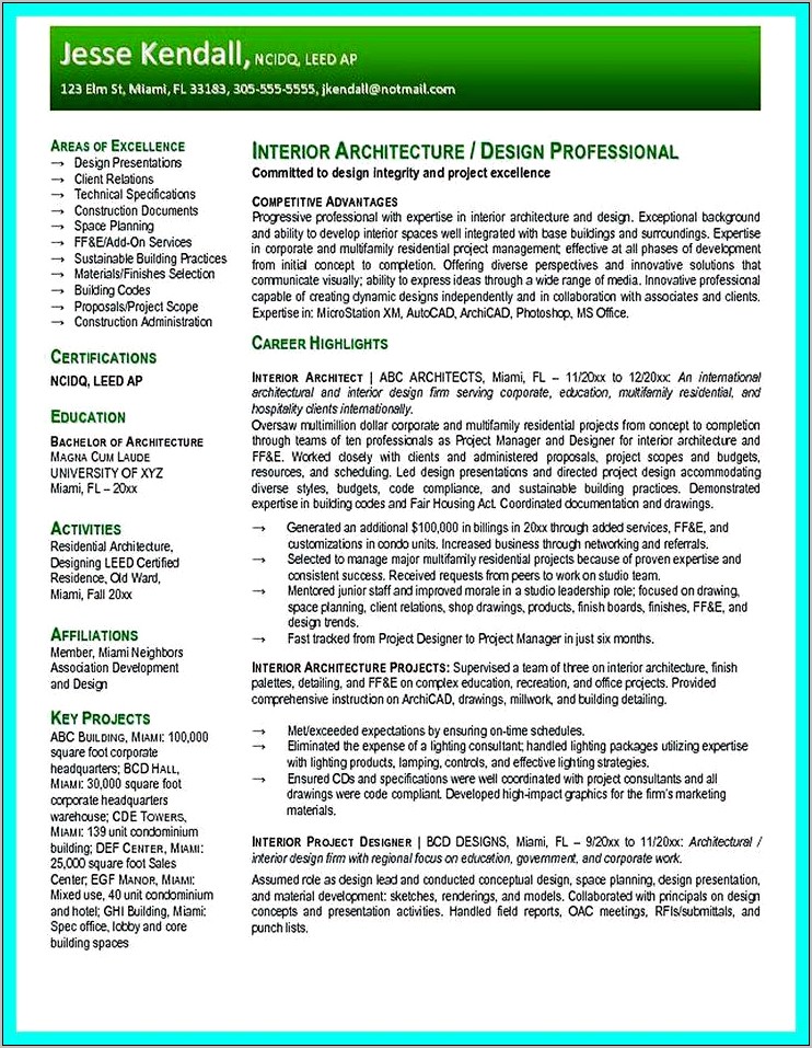 Architectural Resume With Career Summary Examples