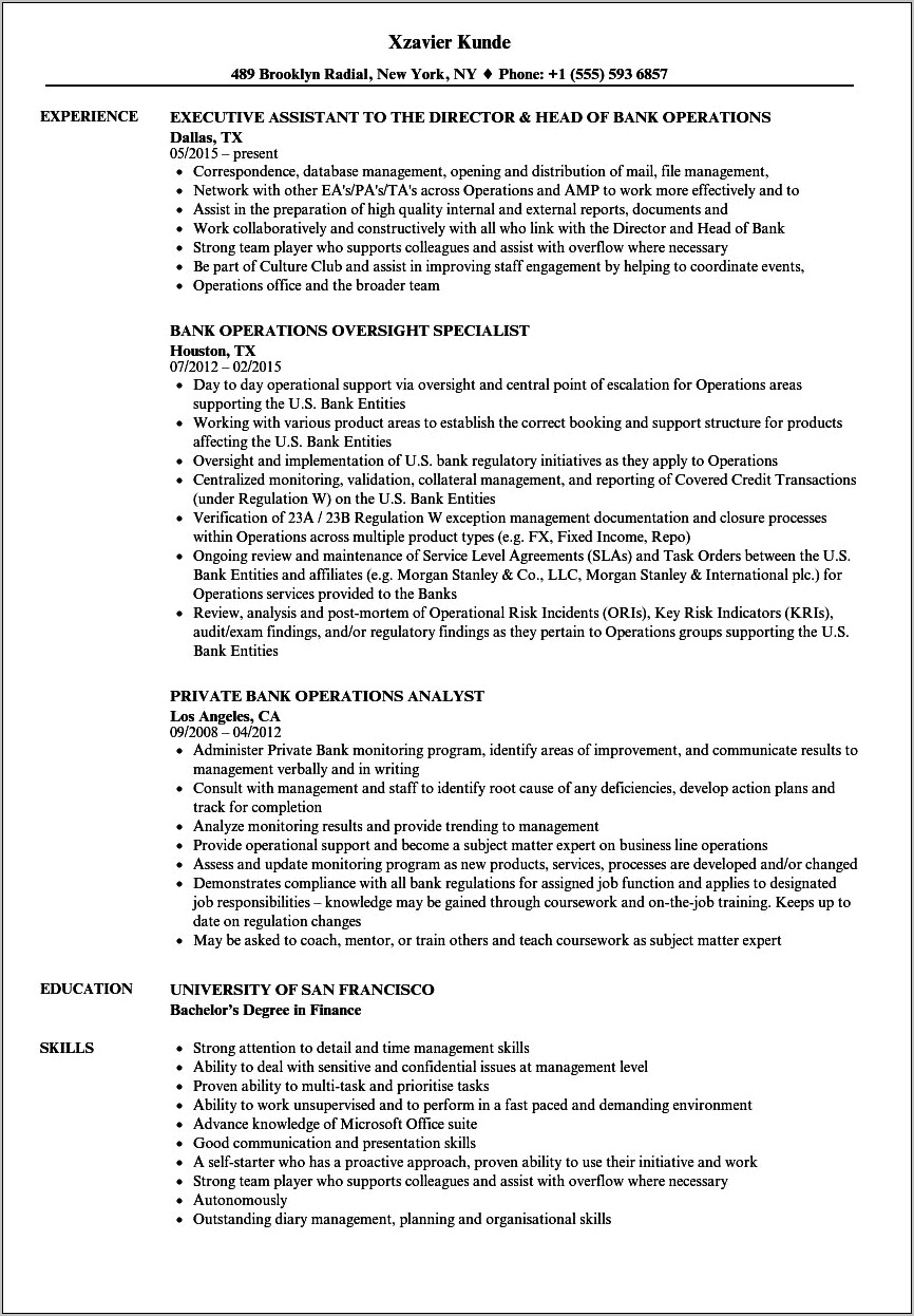 Area Of Expertise Resume Bank Operations Manager