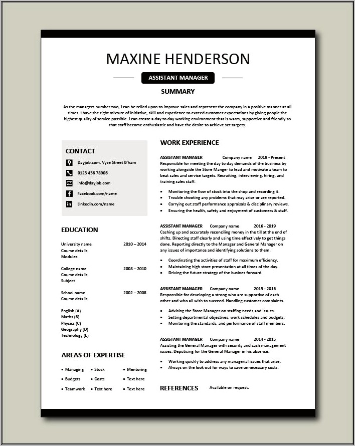 Area Of Interest In Resume For Management