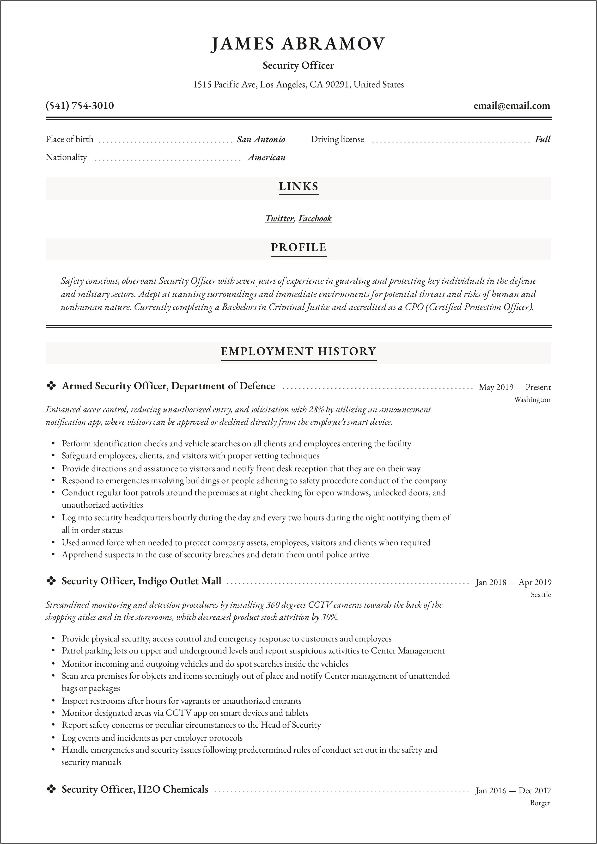 Armed Security Job Duties For Resume