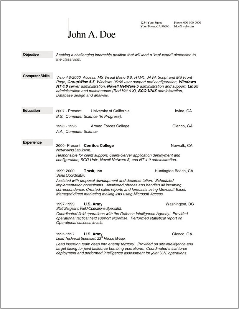 Army Sergeant Job Description Resume