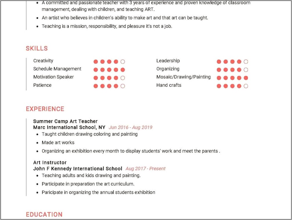 Art Instructor No Teaching Experience Resume