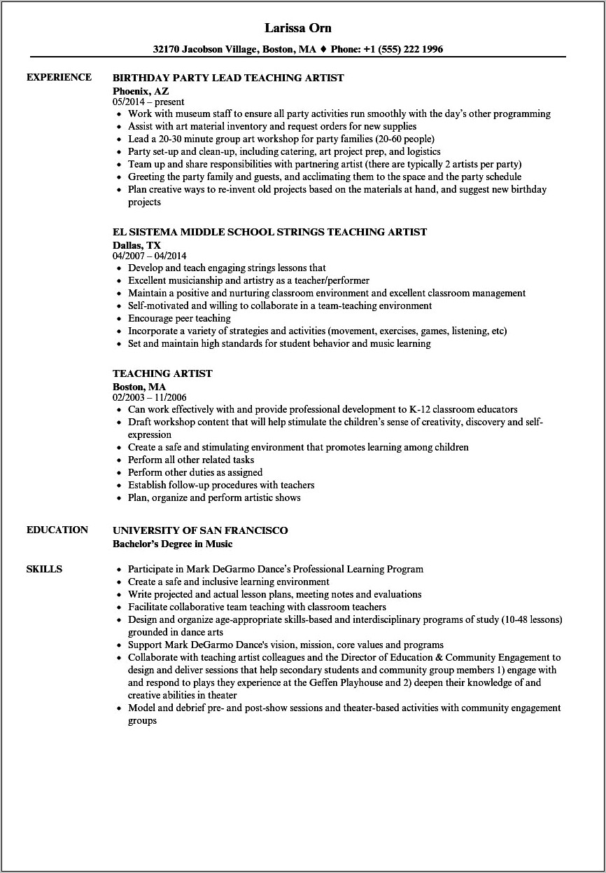 Art Teaching Resume With Team Leader Experience