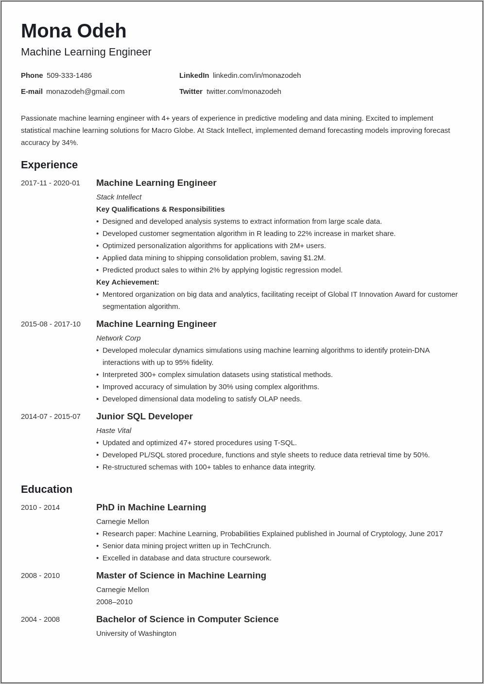 Artificial Intelligence Face Recognition Resume Sample