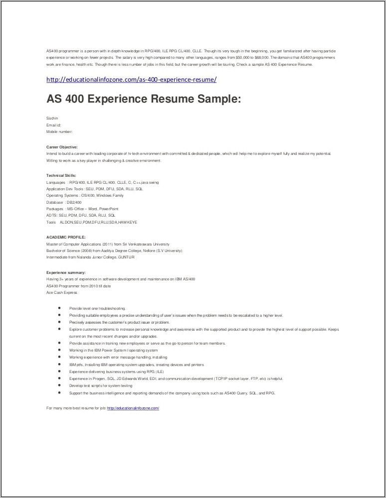 As400 I Series Monitoring Description For Your Resume