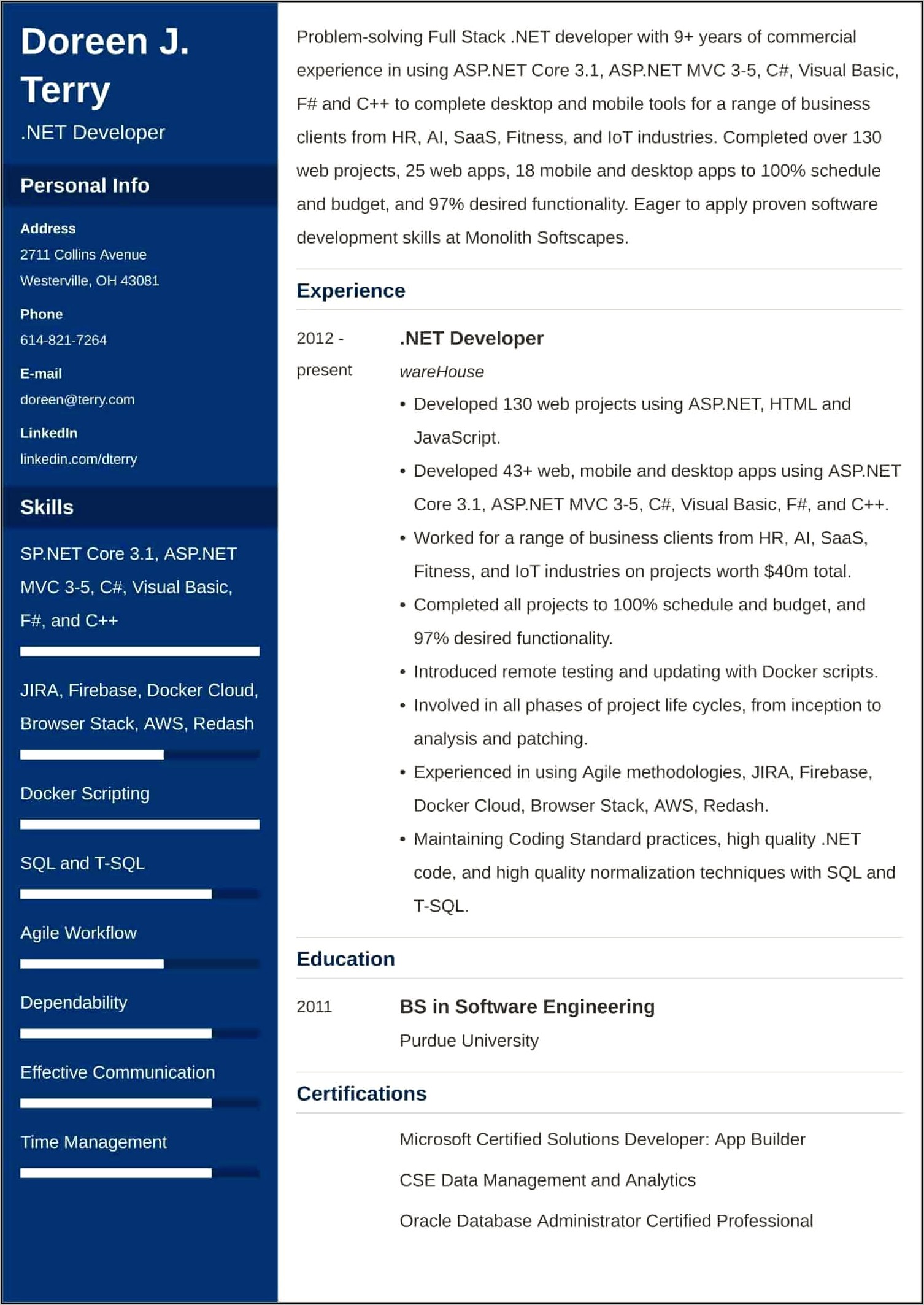 Asp Net Project Description In Resume