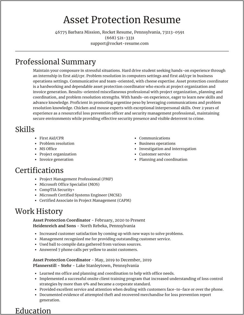 Asset Protection Specialist Resume Sample