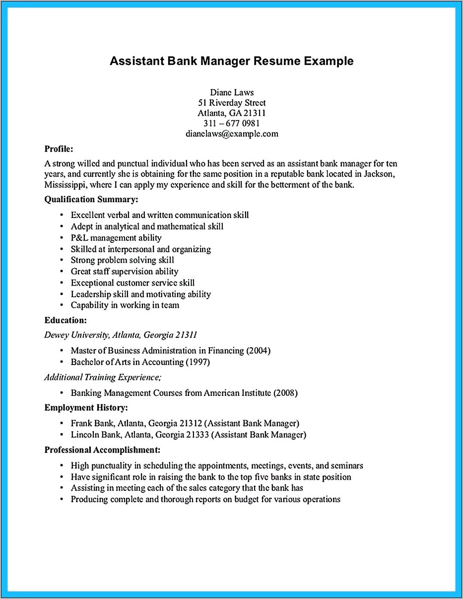 Assistant Bank Manager Resume Objective