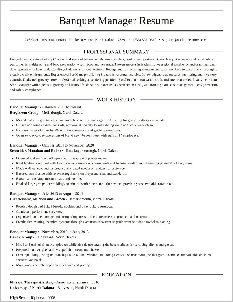 Assistant Banquet Manager Job Description For Resume