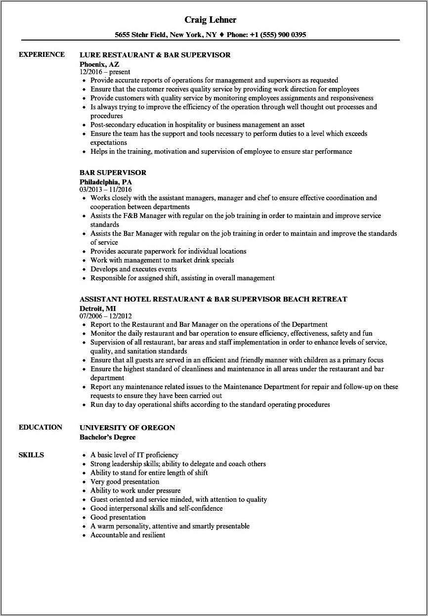 Assistant Bar Manager Job Description Resume