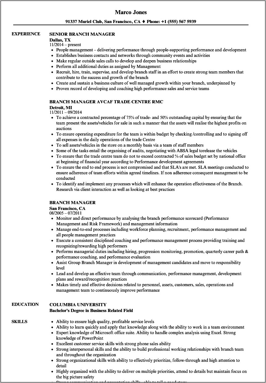 Assistant Branch Manager Bank Job Description For Resume