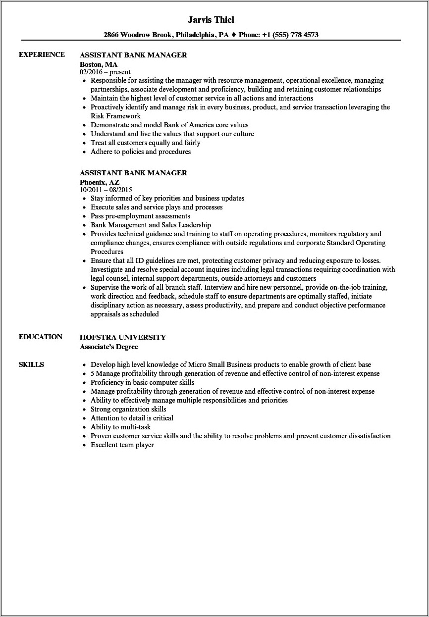 Assistant Branch Manager Objective For A Resume