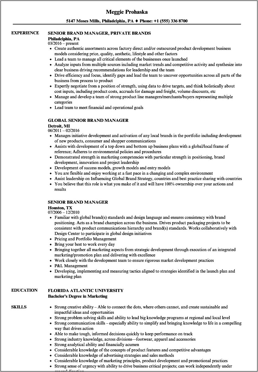 Assistant Brand Manager Resume Sample
