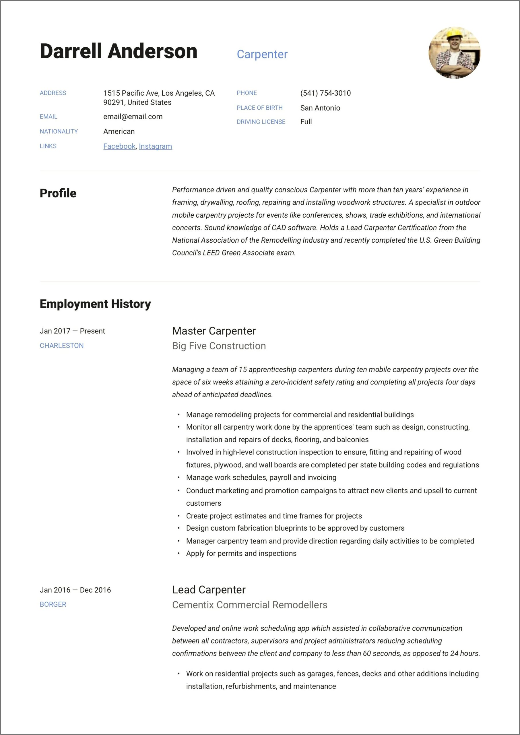 Assistant Carpenter Objective For Resume
