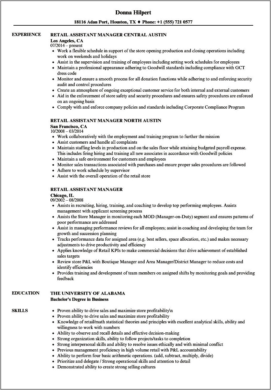 Assistant Department Manager Resume Sample