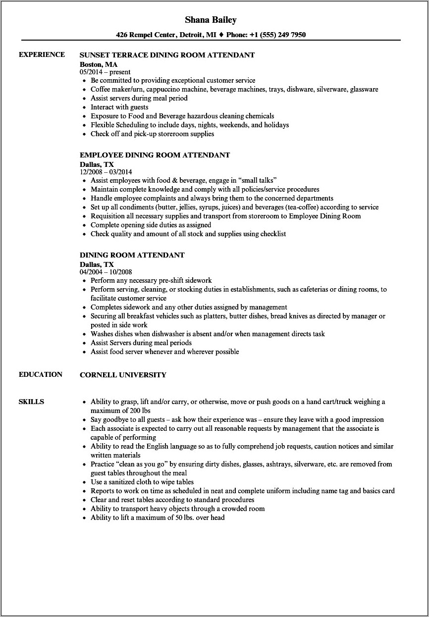Assistant Dining Room Manager Resume