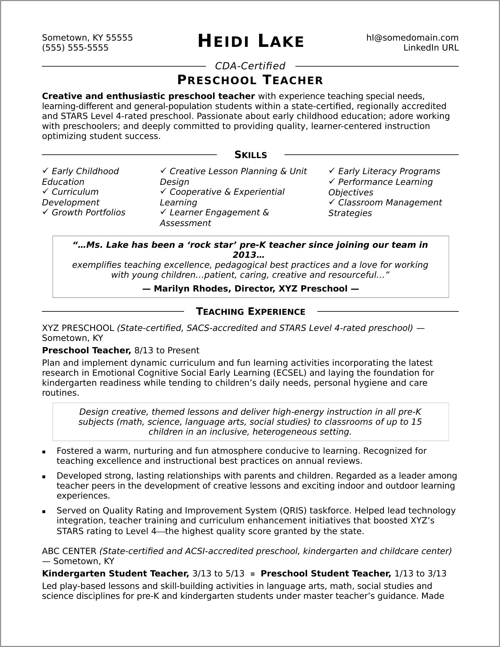 Assistant Director Child Care Resume Sample