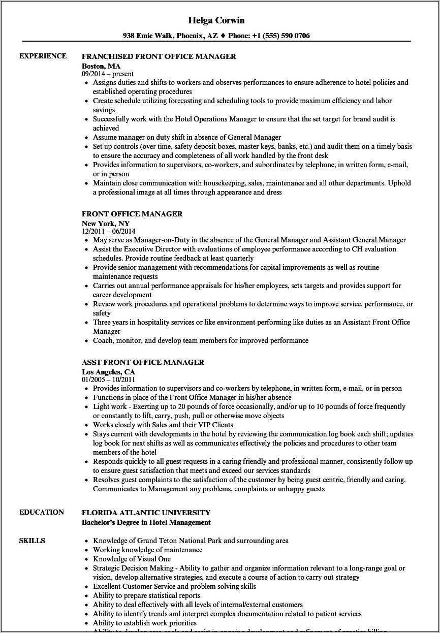 Assistant Front Office Manager Resume Sample